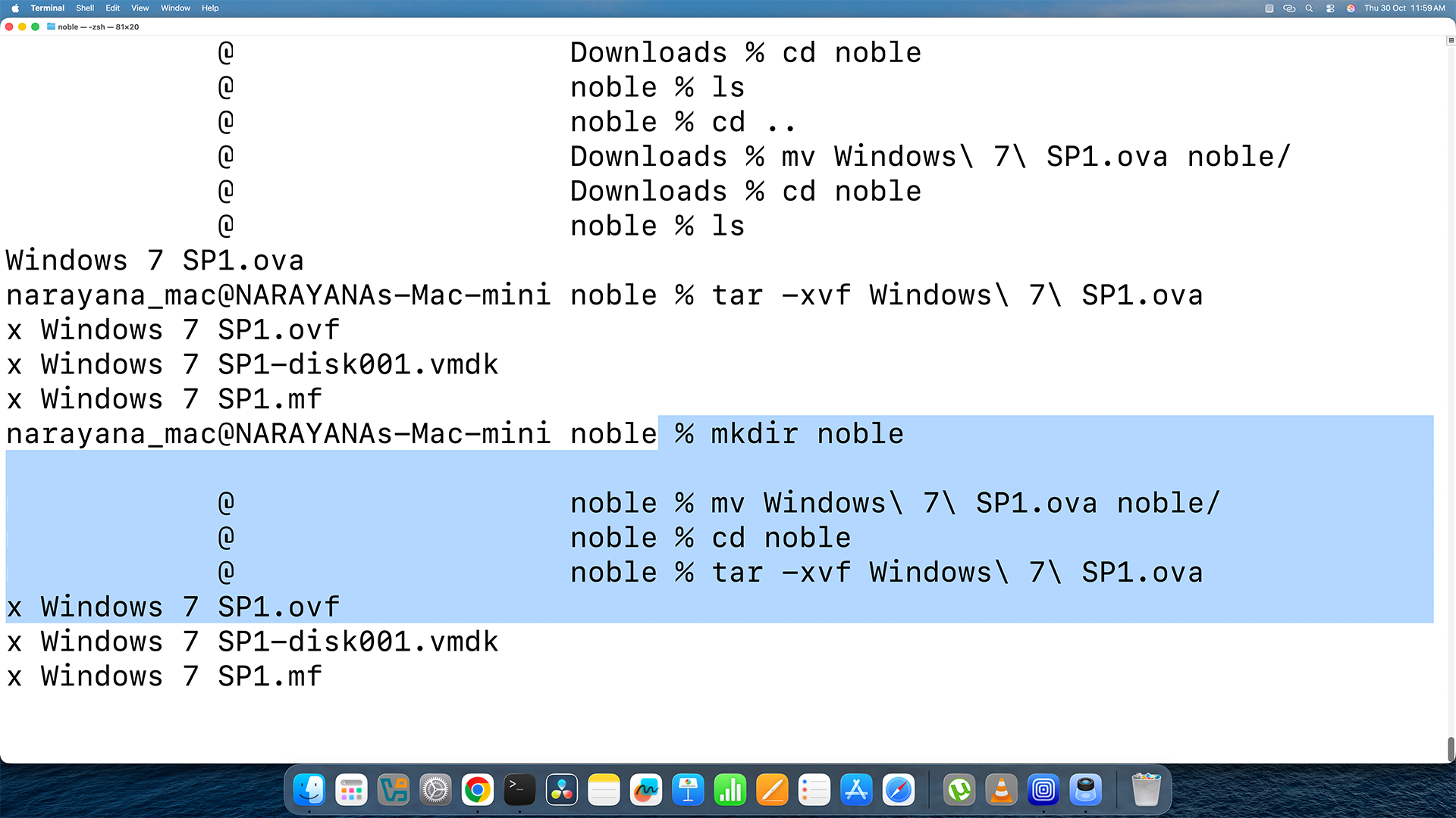 Terminal showing tar extraction command output