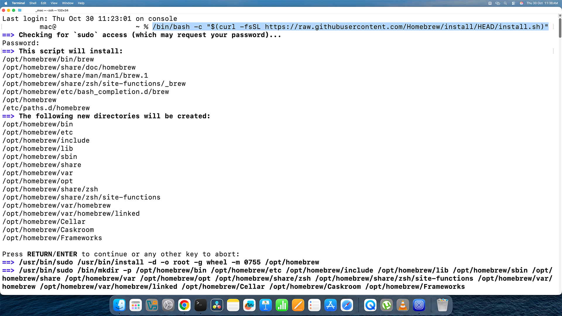 Terminal showing Homebrew installation command