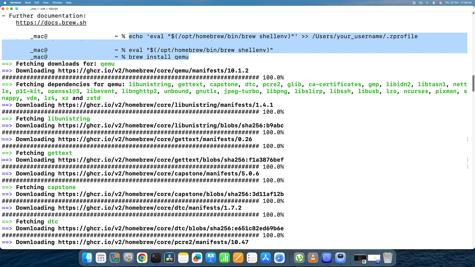 Terminal showing brew install qemu