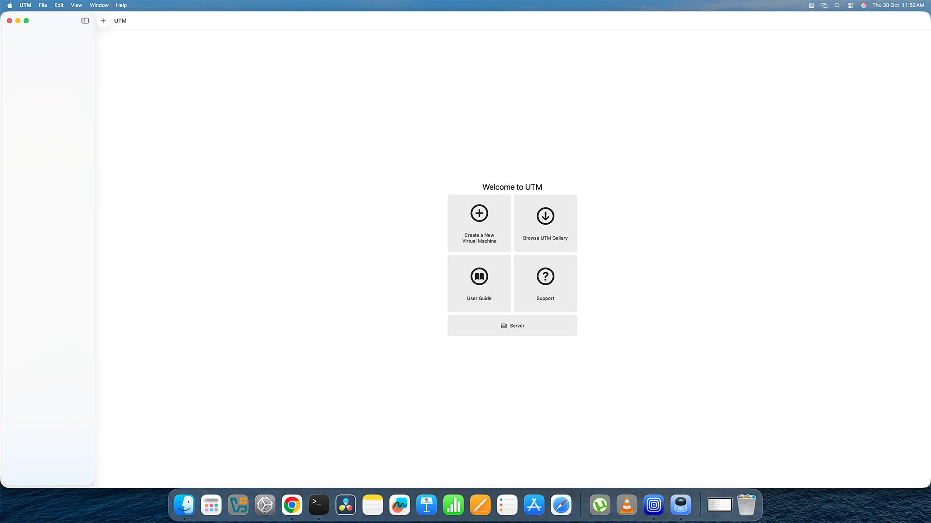 UTM home screen with Create a New Virtual Machine button