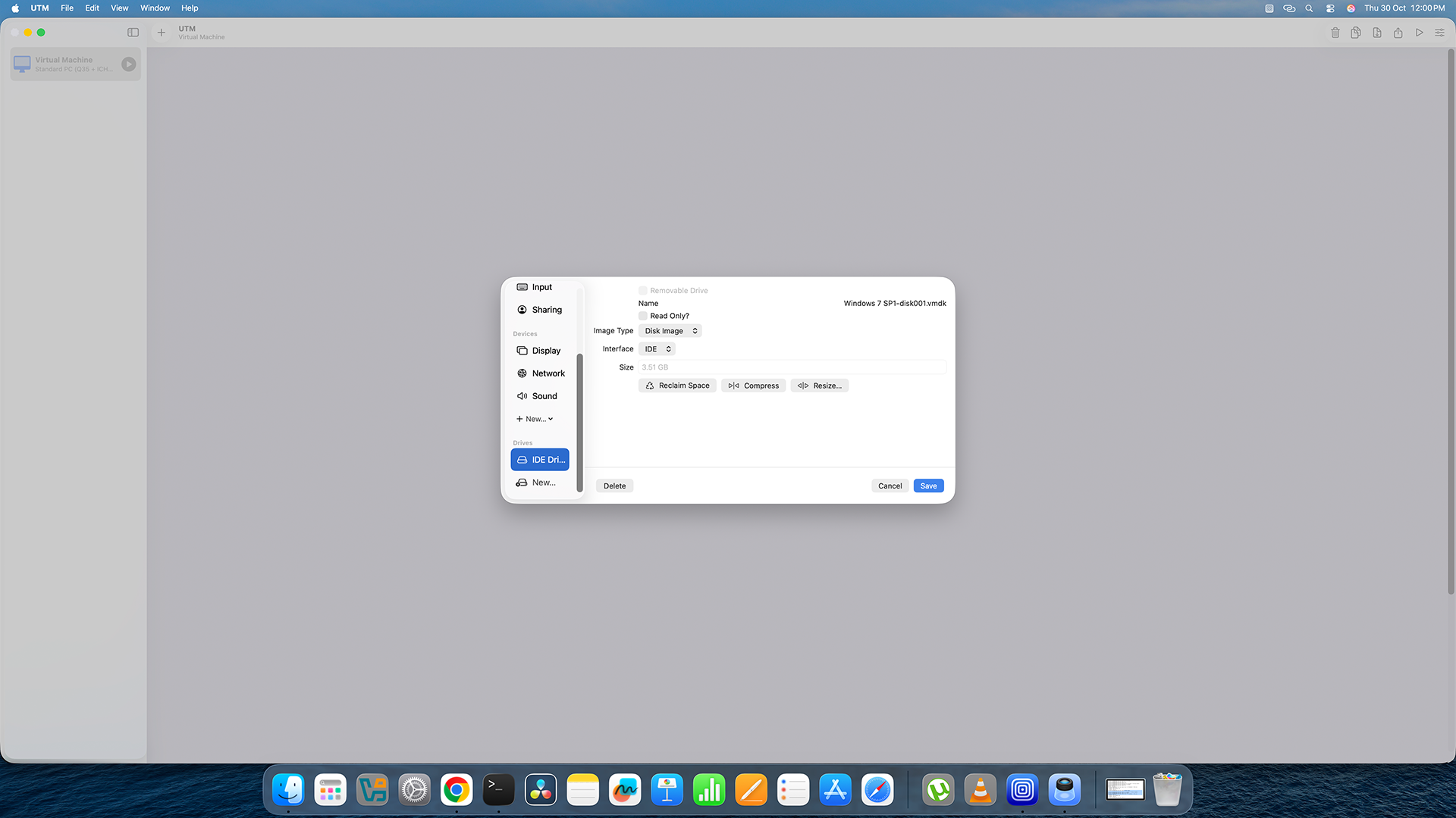 UTM devices section — importing VMDK