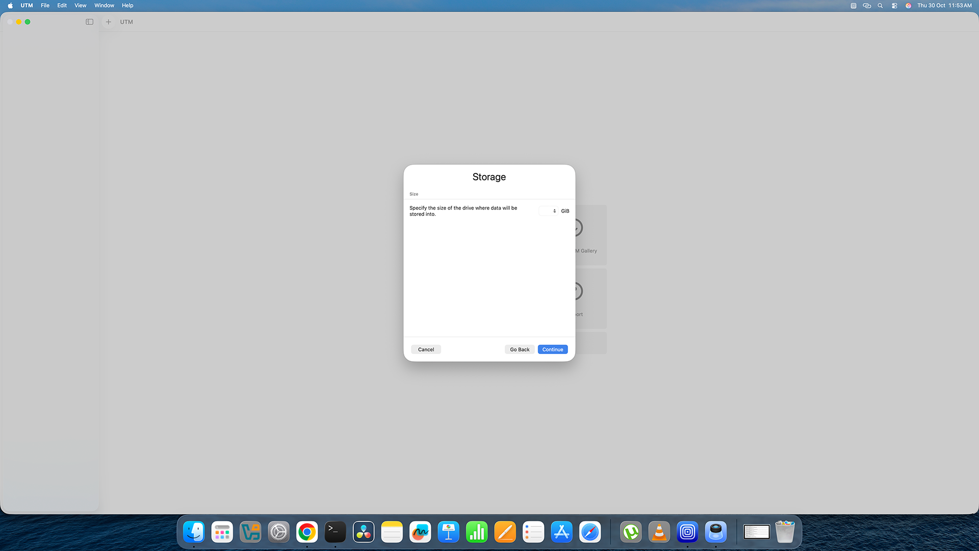 UTM storage size set to 2 GB