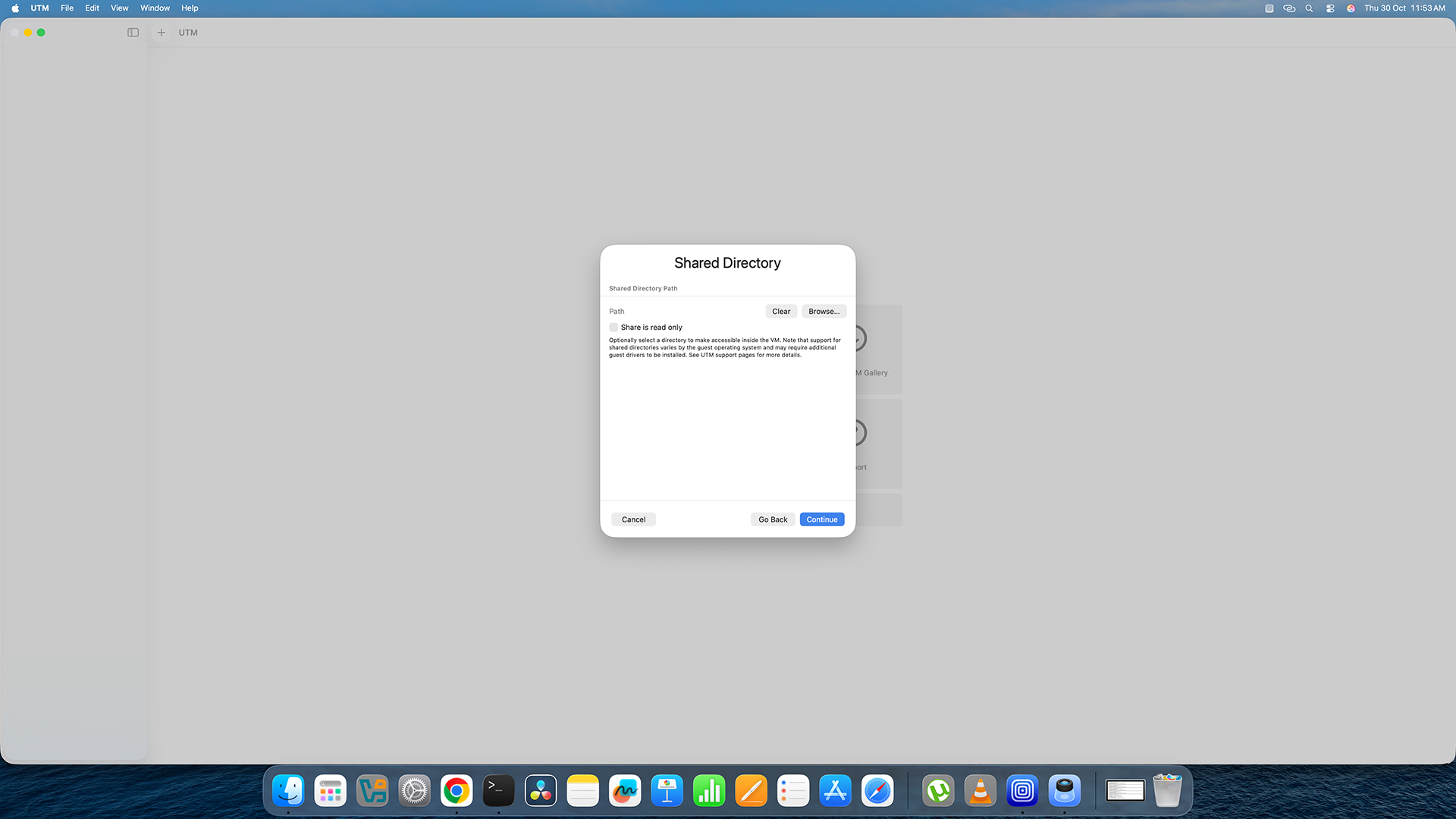 UTM shared directory screen